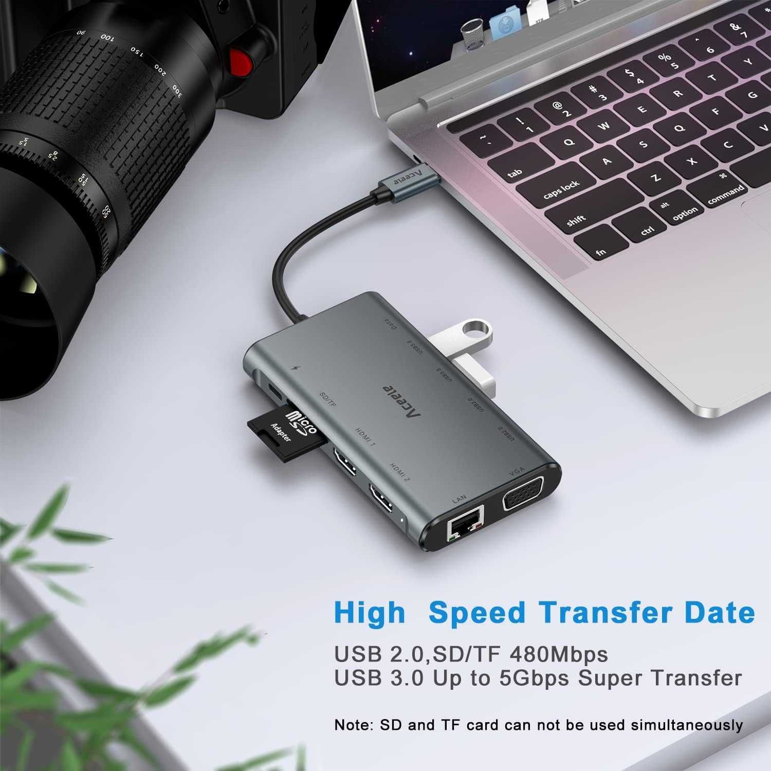 Aceele USB C хъб, 12 в 1 с 4K HDMI, VGA, LAN, PD, SD/TF, USB A & USB C