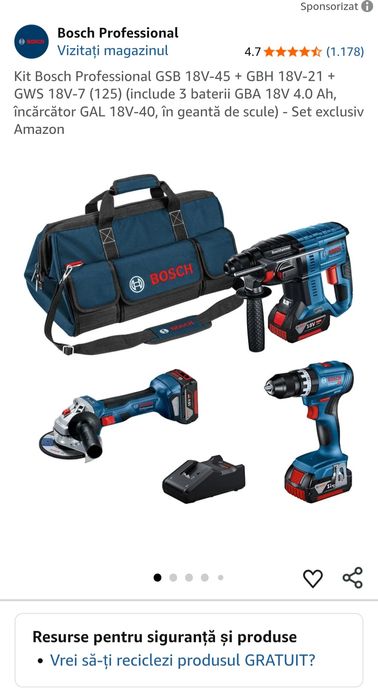 Lichidare stoc! Kit Bosch Professional GSB 18V-45 + GBH 18V-21 + GWS 1