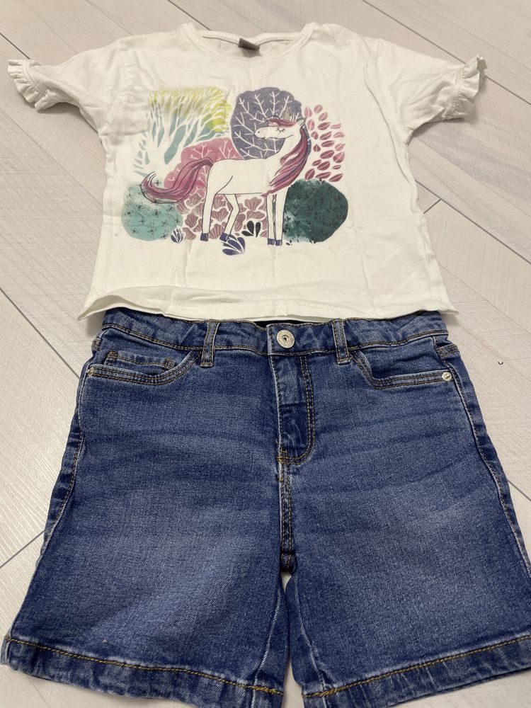 Compleu pantaloni scurt blugi / jeans si tricou unicorn 5-6 ani / 116