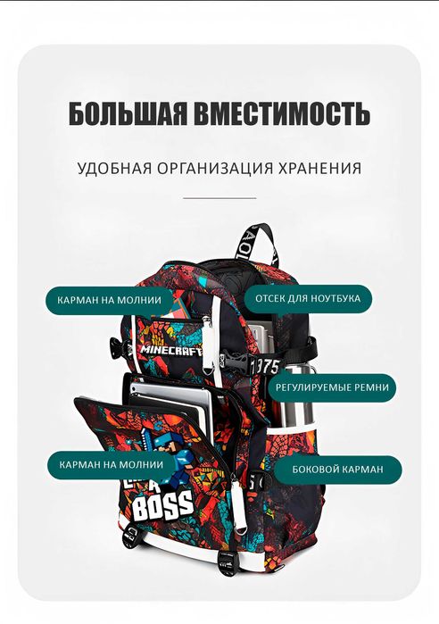 Школьный рюкзак Minecraft, анатомическая спинка, вентиляция