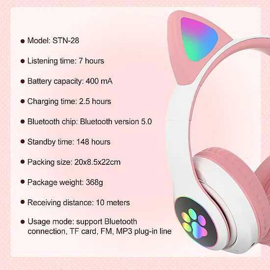 Светещи безжични bluetooth слушалки котешки уши (розови)
