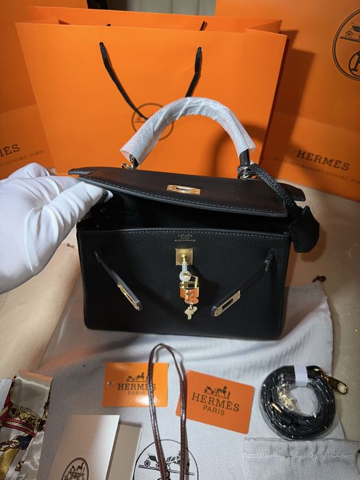 Geanta Hermes Kelly 25cm Black/Accesorii Gold