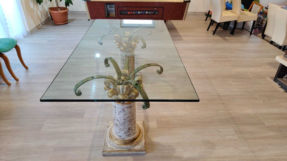 Masa de sticla stil necolasic cu suport coloane romane/grecesti