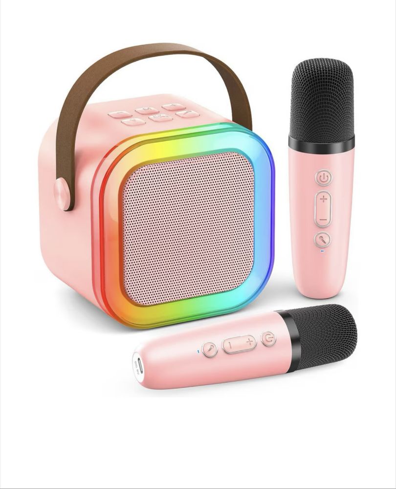 Мини караоке уредба с 2 безжични микрофона и LED светлини – Bluetooth