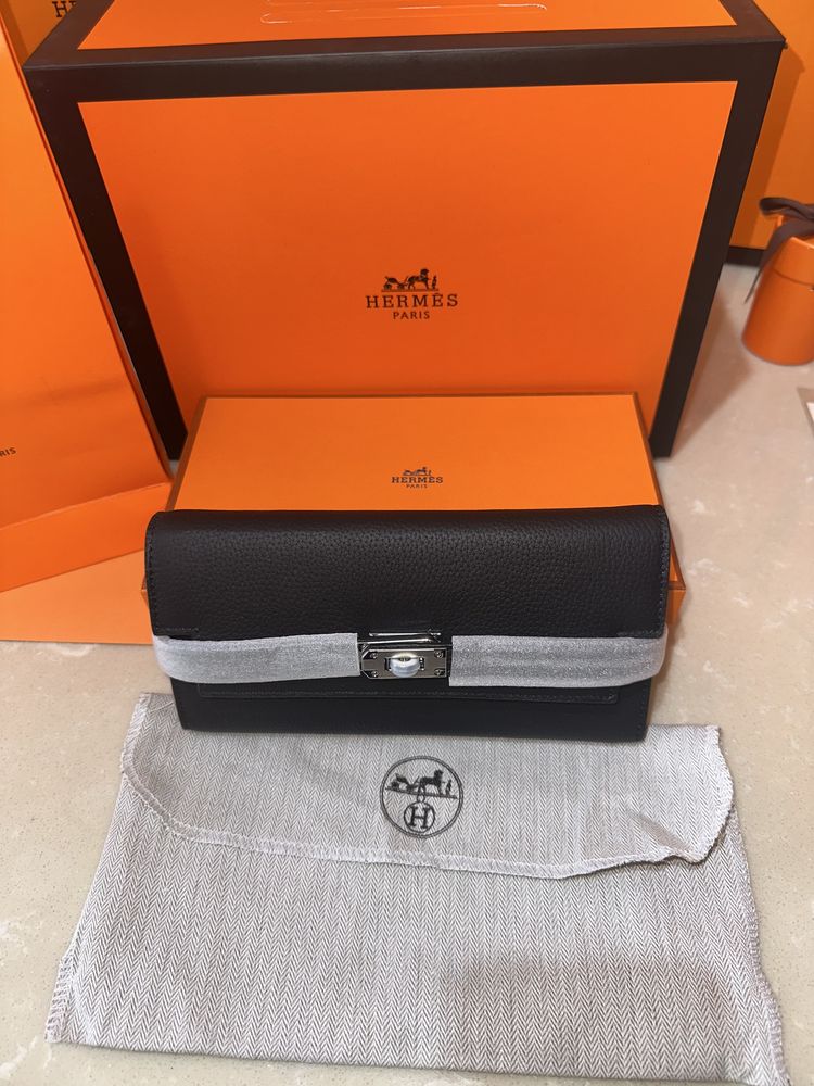 Portofel Hermes Kelly Black/Piele naturala 100%/Punga/Cutie Hermes