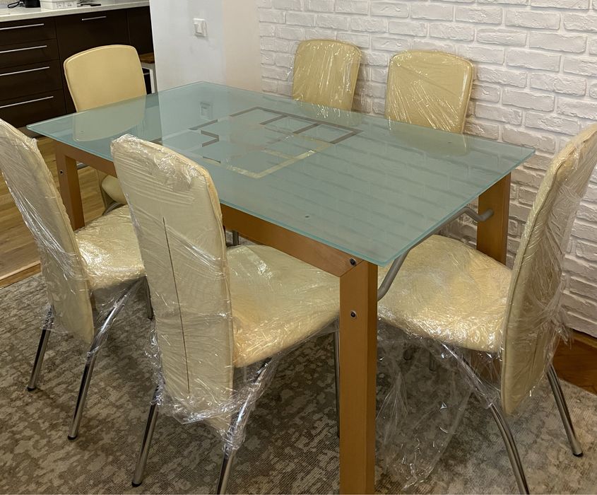 Masa blat sticla Mobexpert 150x80 cm+6 scaune piele ecologica