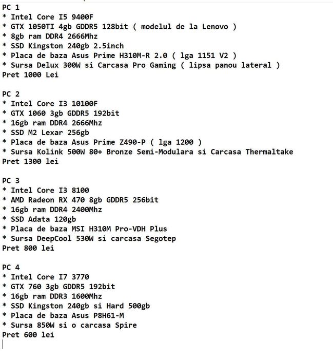 PC-uri Gaming I5 9400f, I3 10100f si I7