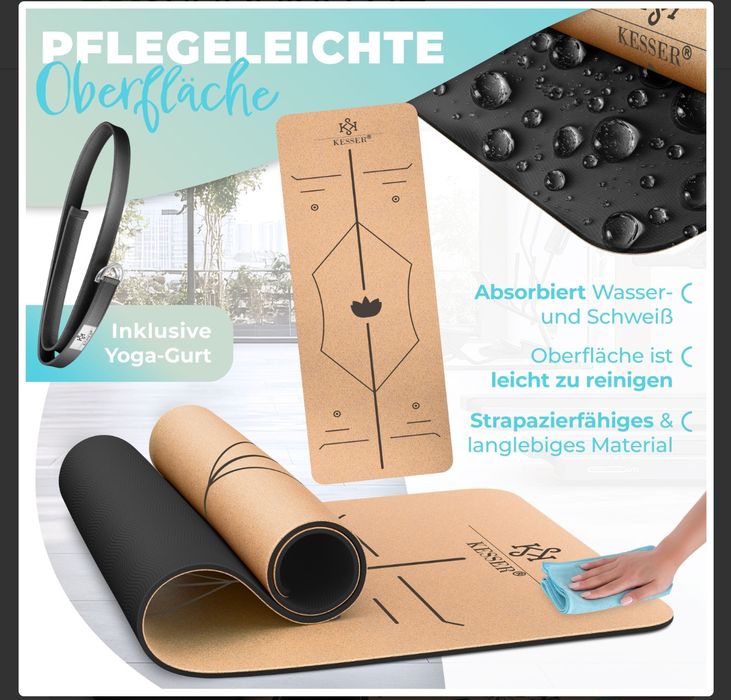 Коркова постелка за йога 183 х 62 см с блок и каишка , не плъзгаща