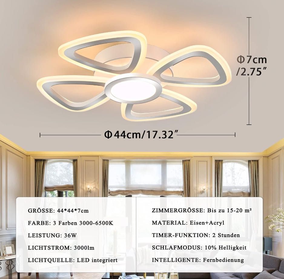 LED Таванна Лампа 44 см, 3000LM, 3000-6500K, 36W Дистанционно