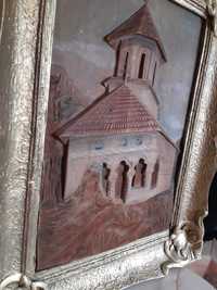 Tablou cu biserica sculptata in lemn, 3D, rama lemn, inalt.43cm
