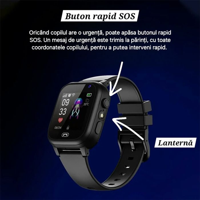 Smartwatch copii. SIM 4G. Localizare GPS. Foto. Apel/Mesaje/Chat.Negru