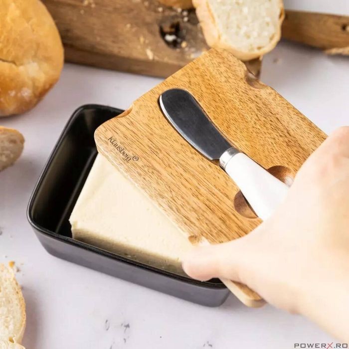 Cutie pentru unt din ceramica, untiera, neagra, cu capac din lemn de