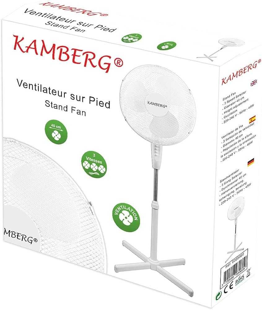 Kamberg вентилатор на стойка – 40 см, 45 W, бял
