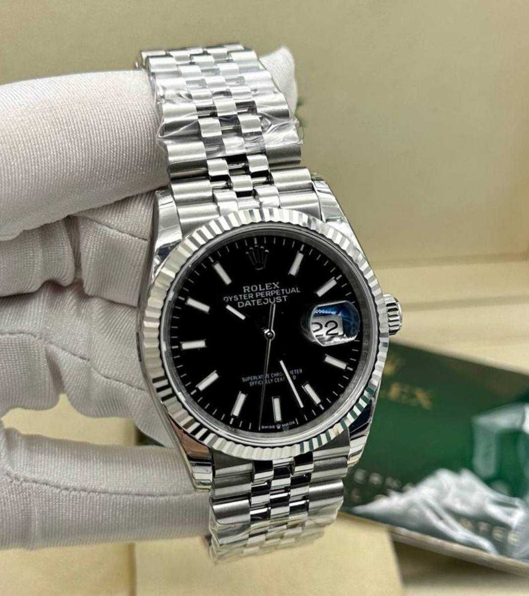 Rolex Date Just 36mm Fluted Black Dial Jubilee Silvered Bracelet