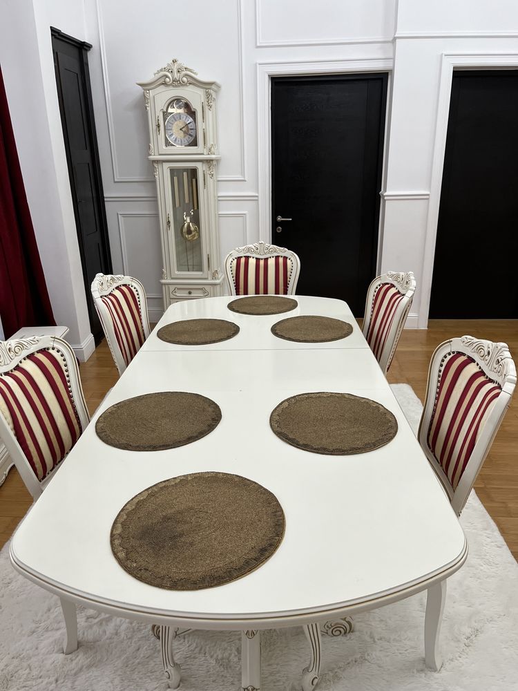 Masă cu scaune din lemn masiv, Alb, Extensibilă, Royal