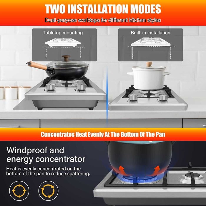 Газов котлон от неръждаема стомана, 2 горелки със защита,51 см x 31 см