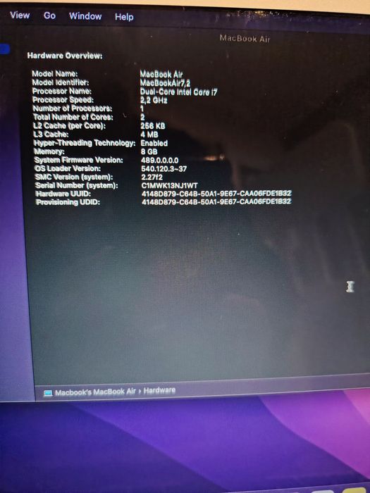 MacBook Air Intel i7 2.2 GHz Dual-Core
Intel UHD Graphics 630 1536 MB