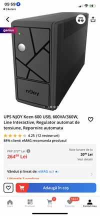 UPS NJOY Keen 600 USB, 600VA/360W Regulator automat de tensiune