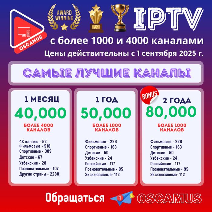 VIP IPTV - более 1000 каналов за 50,000 на год с гарантией