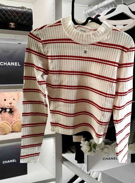SALE шанел беж блуза с червено рипс дълъг ръкав chanel суичър топ