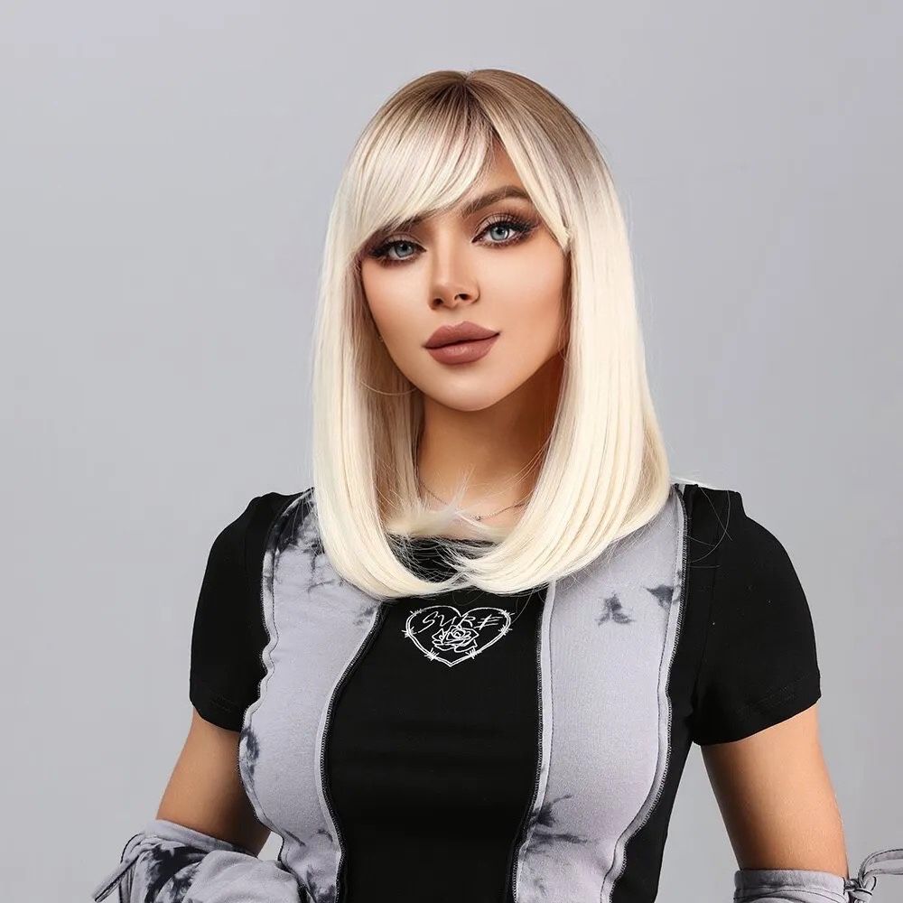 Peruca R123 Blonda Breton Ombre Baza Satena scurta bob Blond Platinat