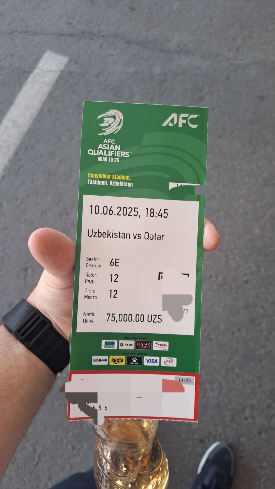 10-iyundagi Uzbekiston-Qatar o'yiniga 2 ta blet bor. Narxi 400 mingdn