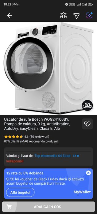 Uscator de rufe Bosch defect WQG24100BY, Pompa de caldura, 9 kg,