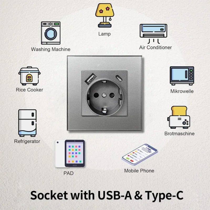 Priza rama sticla securizata, USB-A si USB-C, iUni UC1, 16A, Silver