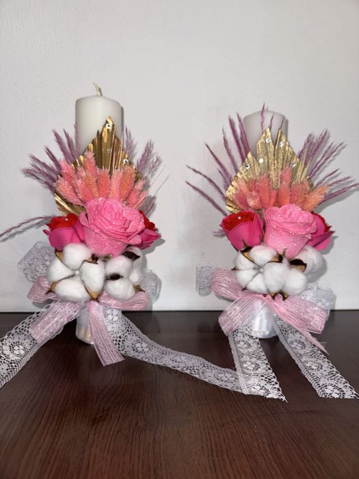 Set lumanari de nunta .Buchet de mireasa +nase+cocarda naș si mire .