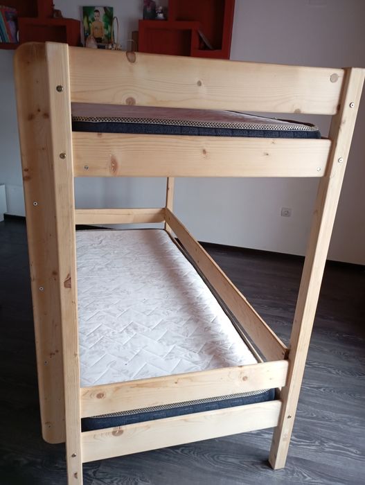 Pat etajat Lemn Masiv, 80x200 cm, Natur + 2 saltele