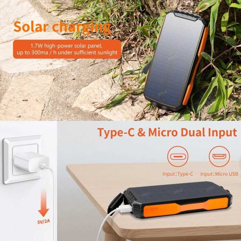 Преносима батерия STELS SolarPro 16K, PowerBank 16000mAh, LED фенер