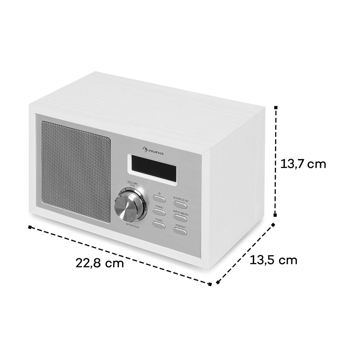 FM, радио, BT 5.0, AUX вход, LCD дисплей, будилник, дървен вид, бяло