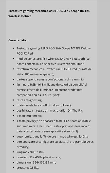 Tastatură Asus ROG Strix Scope RX TKL