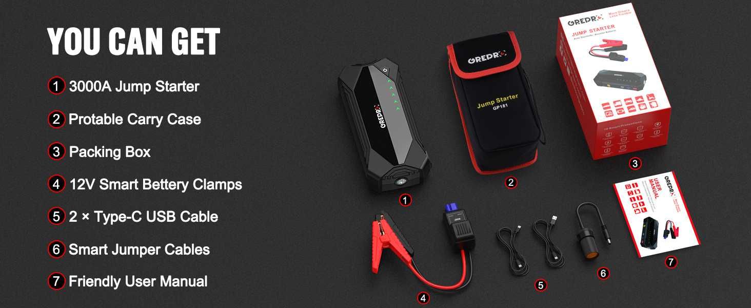 GREPRO 3000A бустер за подаване на ток Jump Starter/Power Bank /LED