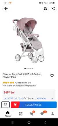 Carucior Euro Cart Volt Pro 0-36 luni, Powder Pink