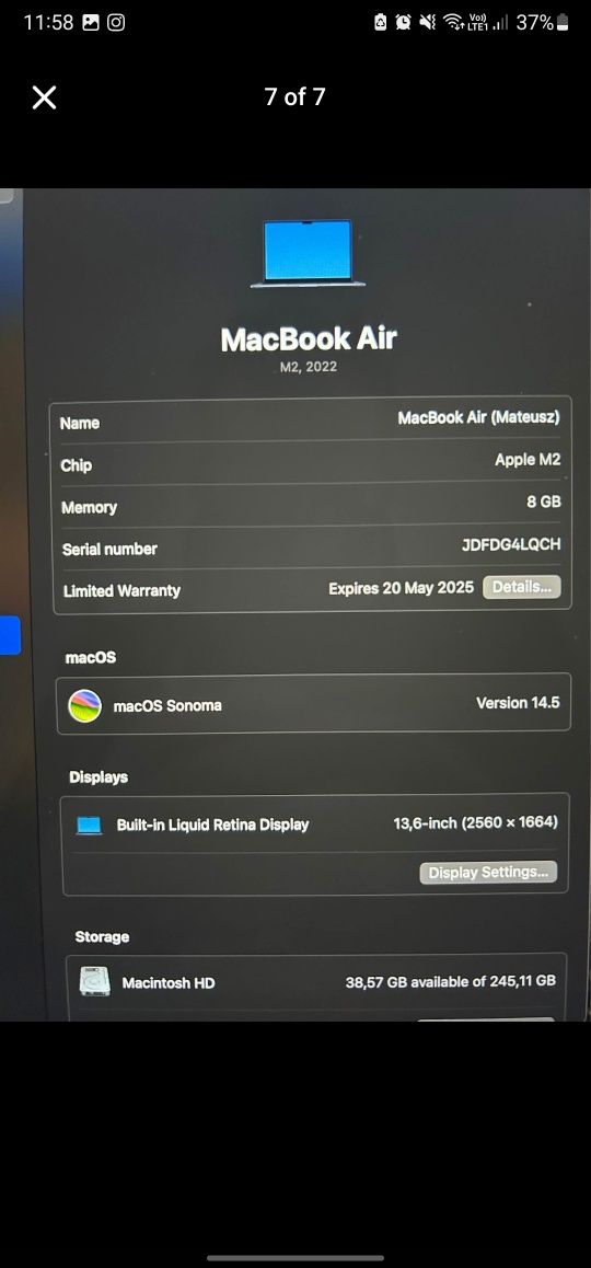 Apple Macbook M2 2022, 8GB ram