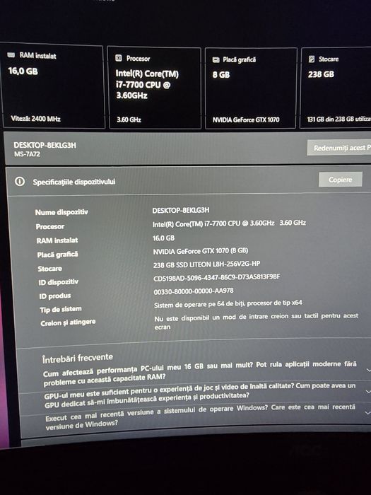 Vând Kit format din i7 7700 3,6 GHz + placa de baza MSI B250 PC MATE