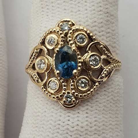 superb inel art-deco aur 14k cu safir si diamante naturale