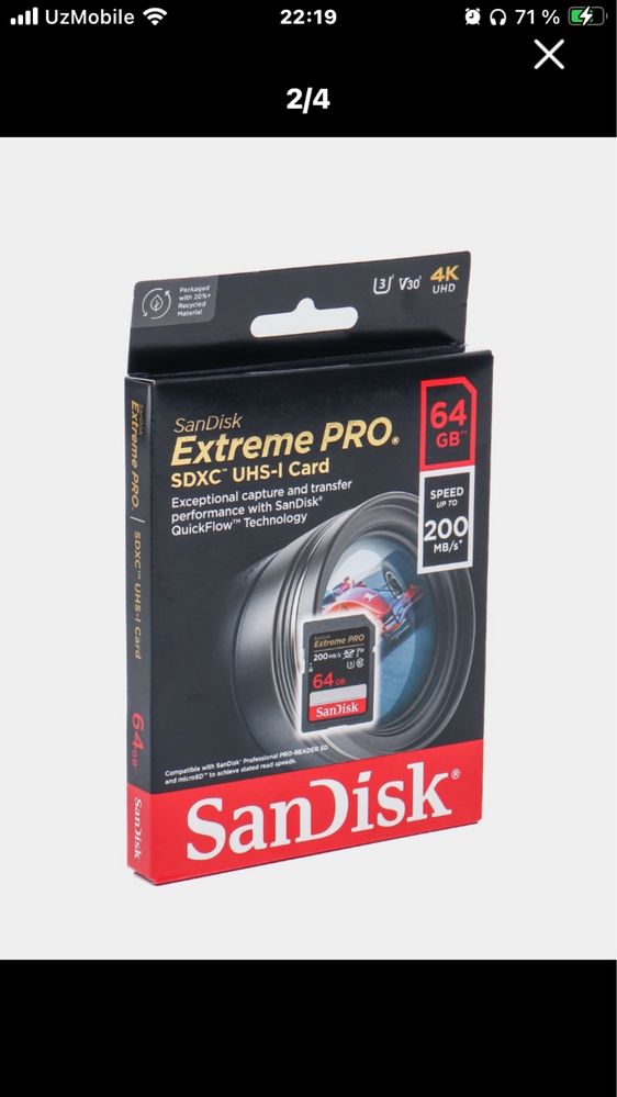 Карта памяти SanDisk 64 г/б SDXC Extreme Pro 200 мб/с V30 UHS-1 U3