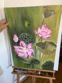 Vand tablou pe canvas , floare de lotus, acril pe panza . 80/50cm