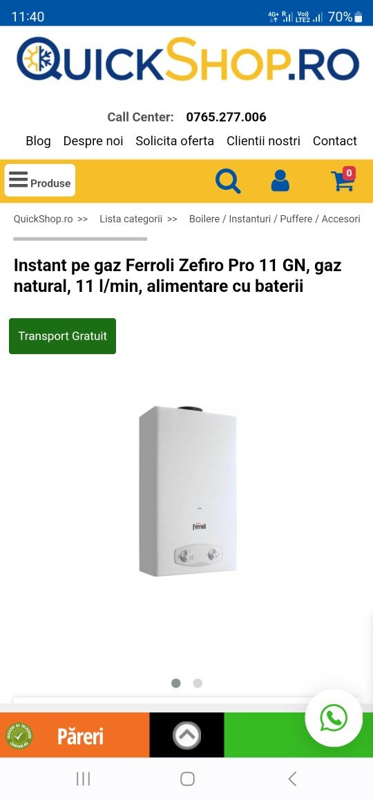 Vand iuncaras pe gaz Ferroli Zefiro Pro 11