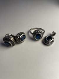 Set bijuterii de argint inel, cercei si pandantiv cu  safire