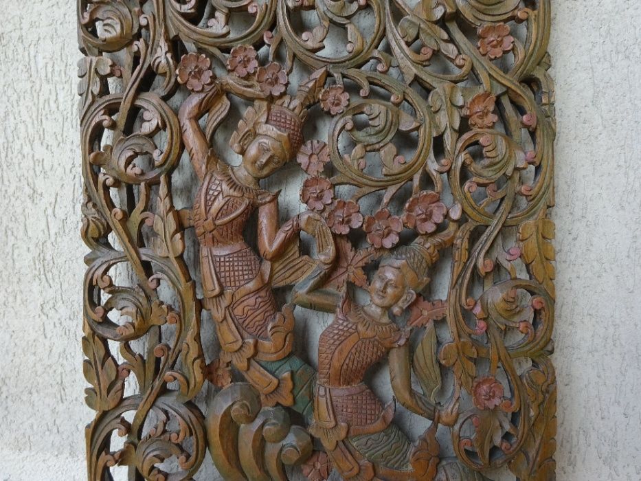 Panou vechi traditional thailandez, lemn sculptat si pictat, Thailanda