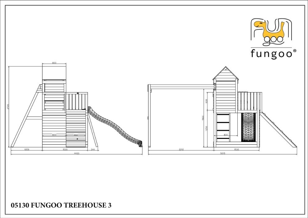 Fungoo TREEHOUSE дървена детска площадка с пързалка и люлки