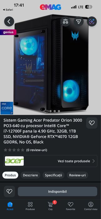 Unitate Gaming Predator Orion 3000 PO3-640 / i7 Gen12 /RTX 3060 12GB