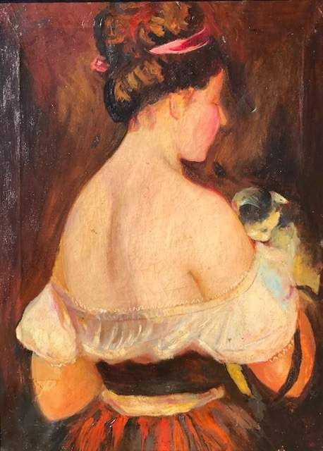 "Doamna cu pisica" - ulei/pânza , tablou f vechi , mult peste 100 ani