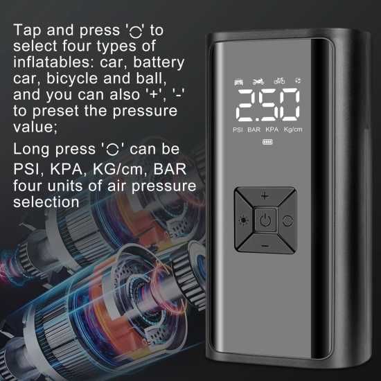 Мощен дигитален компресор 12V с LED светлина, Преносим компресор