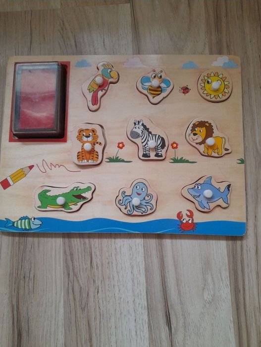 set 2 puzzle Montessori lemn copii animale ferma stampile