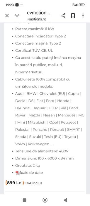 Cablu de încărcare mașini electrice nou nefolosit