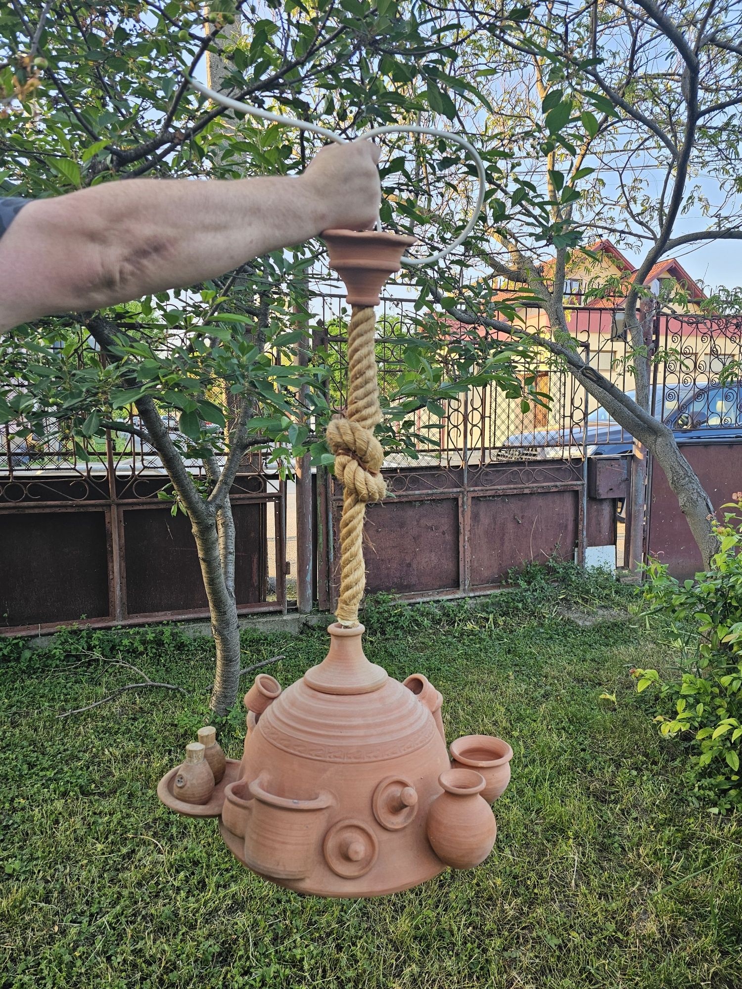 Vând Candelabru,Lustră Unicat ,Lampă Vintage Rustică de Ceramică